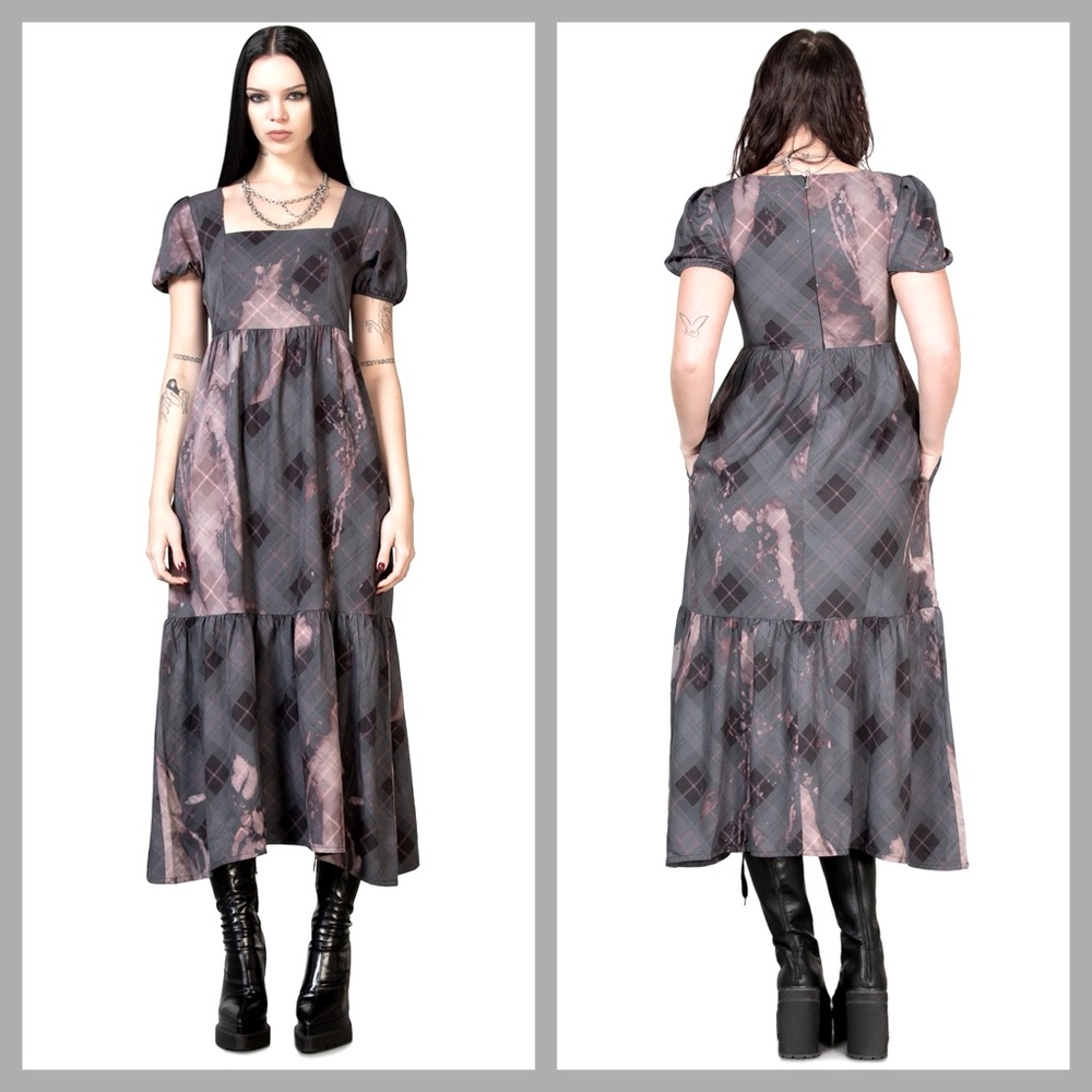 Killstar Effina’s Ruin Black & Bleach Pink Plaid  Midi Dress NWT XL